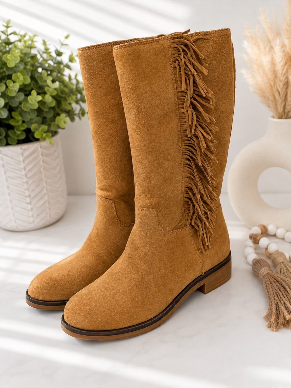 Lucky Brand Grayer Fringe Suede Leather Mid-Calf Boots Tan Women’s 5.5